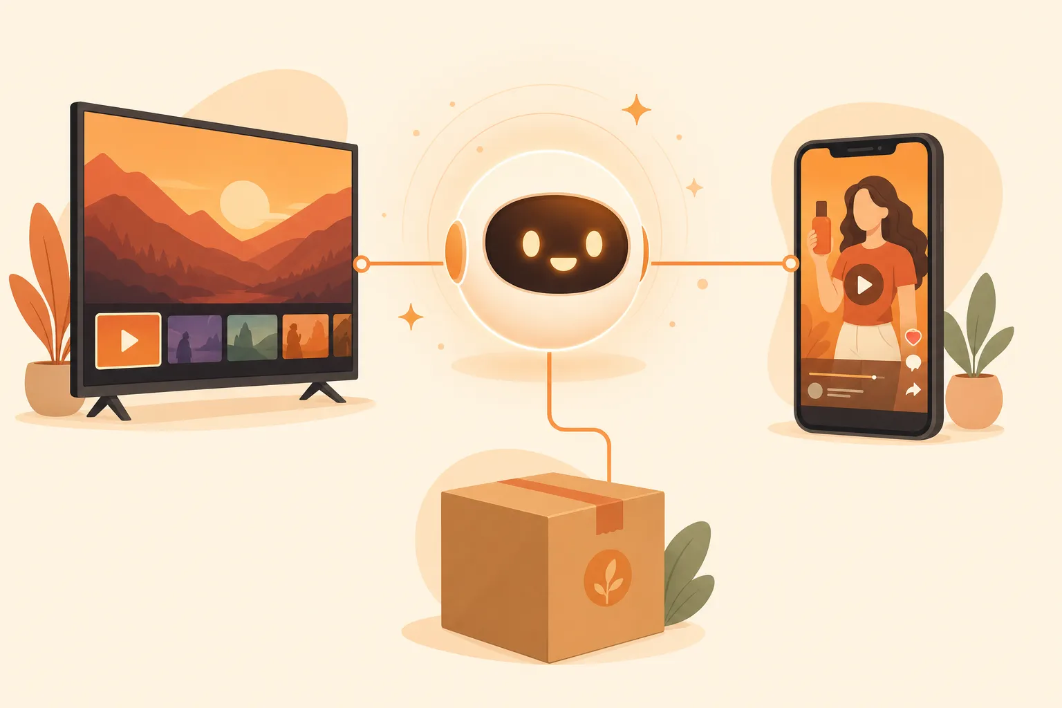 Flat illustration of an AI assistant orb connected by lines to a streaming TV, a phone showing a vertical video ad and a shipping box