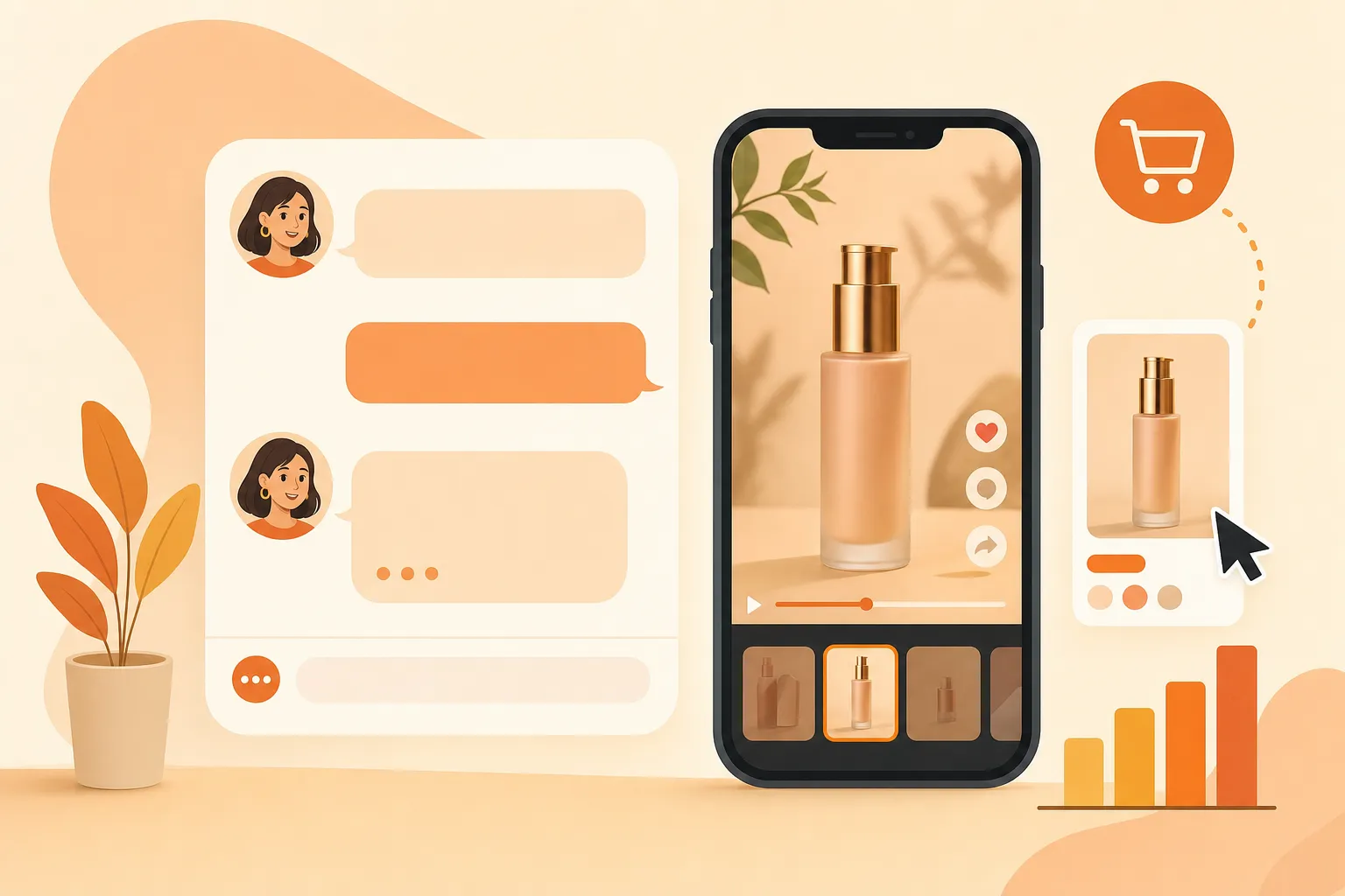 Flat illustration of a chat panel beside a phone showing a short product video ad with a cart icon and click cursor