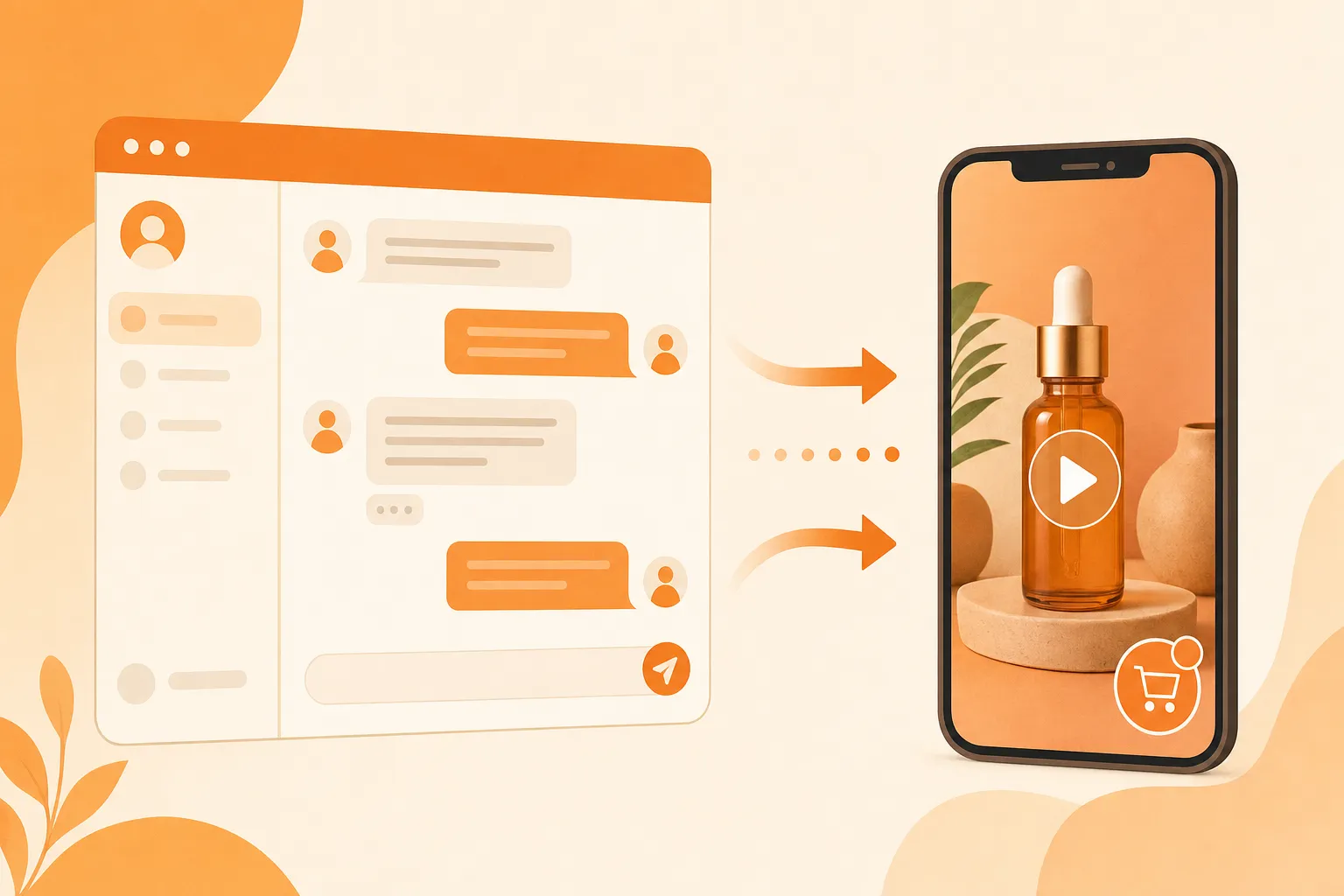 Flat illustration of a chat window handing off to a product conversation beside a phone showing a vertical UGC video ad