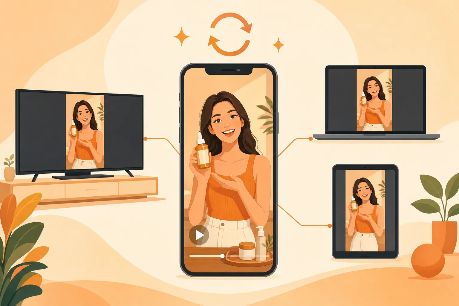 Flat illustration of one tall phone showing a vertical video ad, with lines connecting it to a TV, laptop and tablet screen