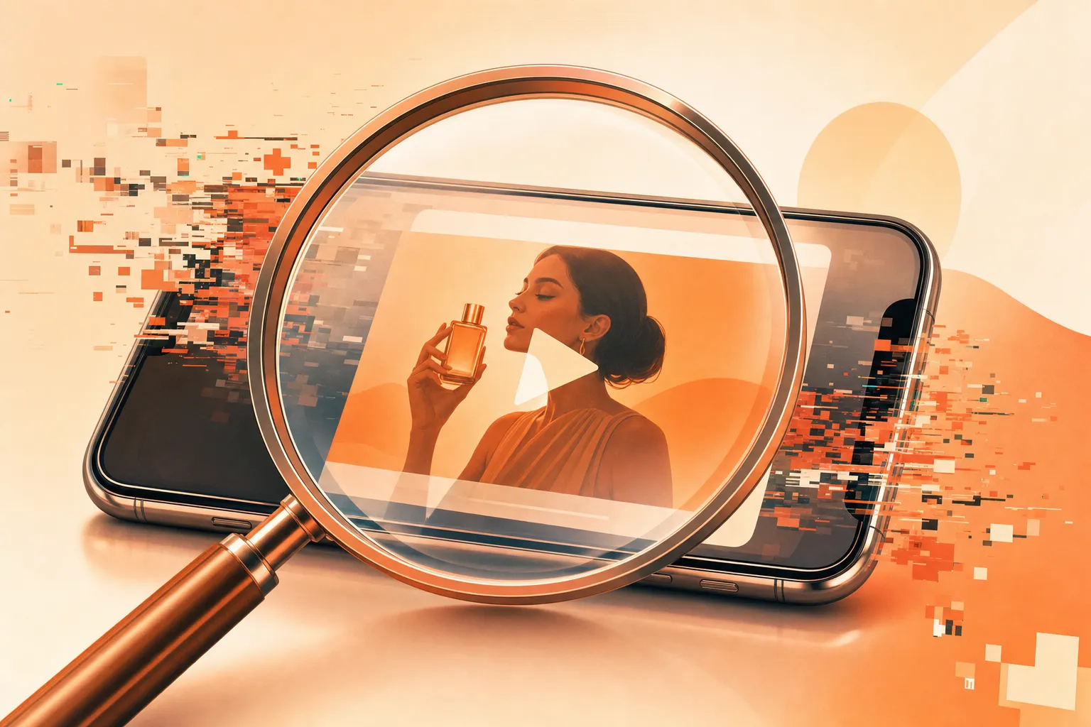 Stylized illustration of a magnifying glass scrutinizing a video ad thumbnail with glitch-art distortion suggesting synthetic media