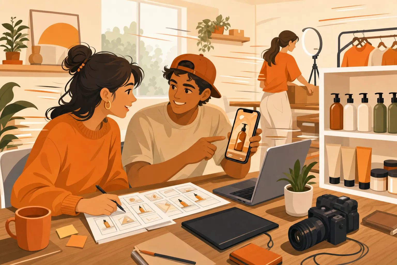 Flat illustration of a small marketing team reviewing storyboards and a vertical video ad from a home studio