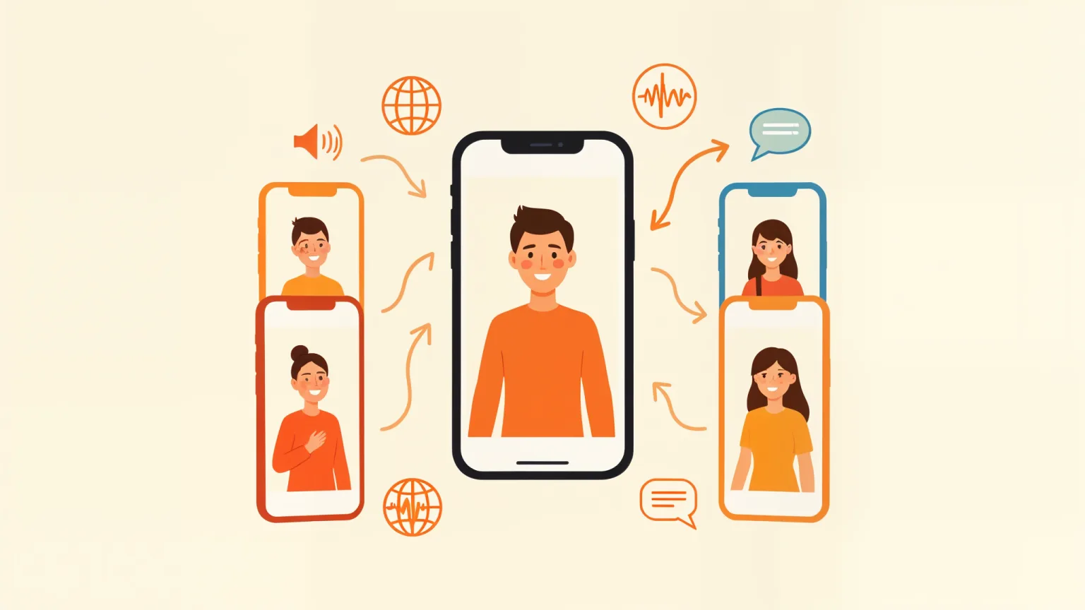 Flat illustration of one large phone screen with a presenter, surrounded by three smaller phone screens and globe, speech-bubble and soundwave icons