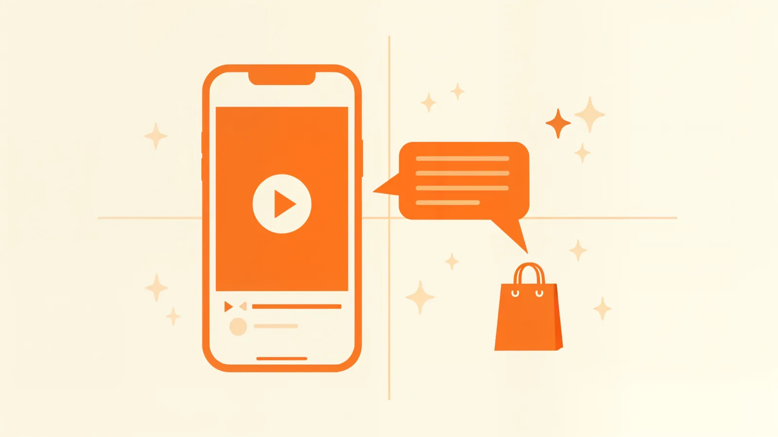 Flat illustration of a smartphone playing a video ad with a chat bubble flowing into a shopping bag — Google's Demand Gen Drop turns YouTube ads into messaging conversations