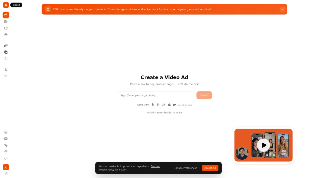 Screenshot of Prizmad's ad-creation workspace — the URL-to-ad pipeline where advertisers generate finished UGC-style ads while ad platforms automate basic video production