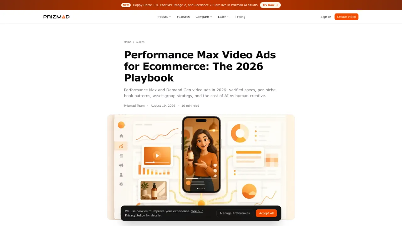 Screenshot of Prizmad's Performance Max video ads guide — the companion playbook referenced in this post about Google's generative AI video reframing
