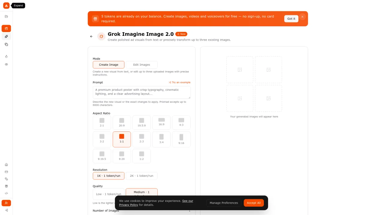 The Grok Imagine Image 2.0 tool workspace in Prizmad's AI Studio showing the Create Image and Edit Images modes