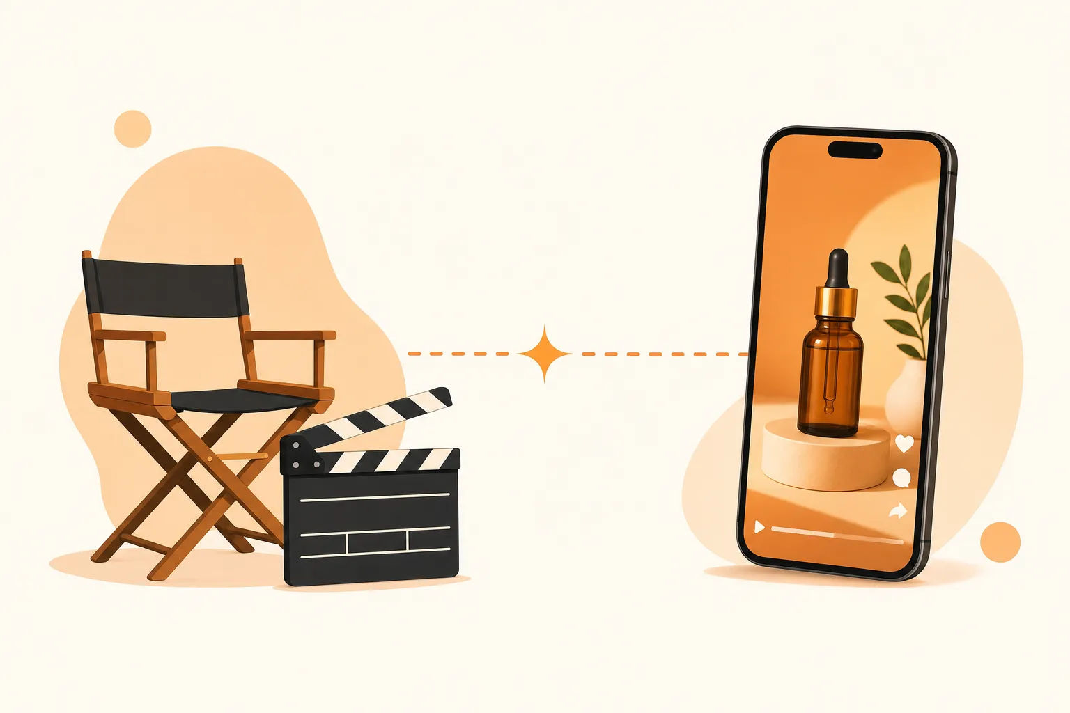 Flat illustration of a film clapperboard and a phone showing a vertical product video ad side by side, connected by a dashed line