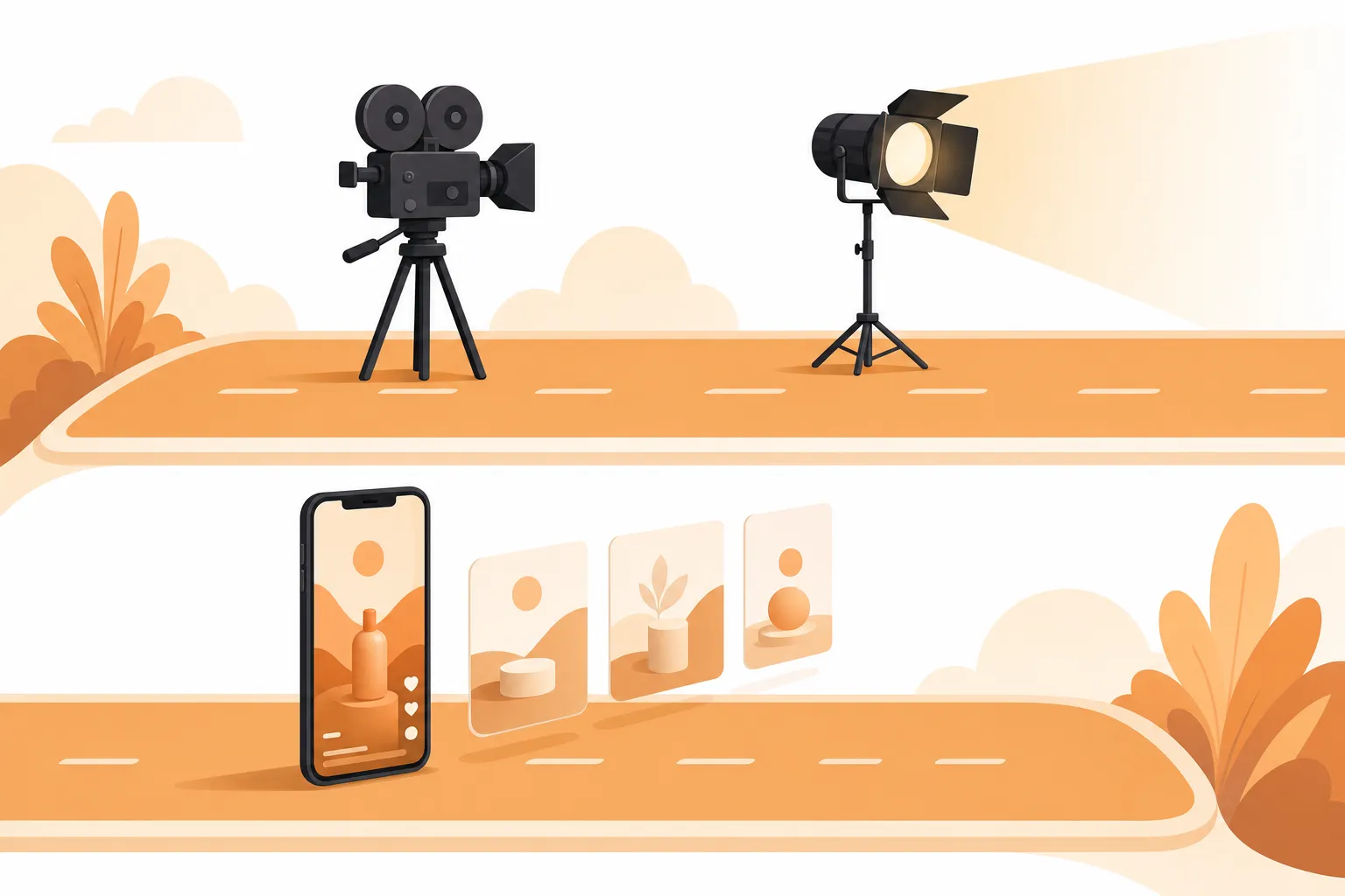 Flat illustration of two parallel lanes: on one, a film camera and director chair under a spotlight, on the other a phone showing a vertical video ad with three small variant cards behind it