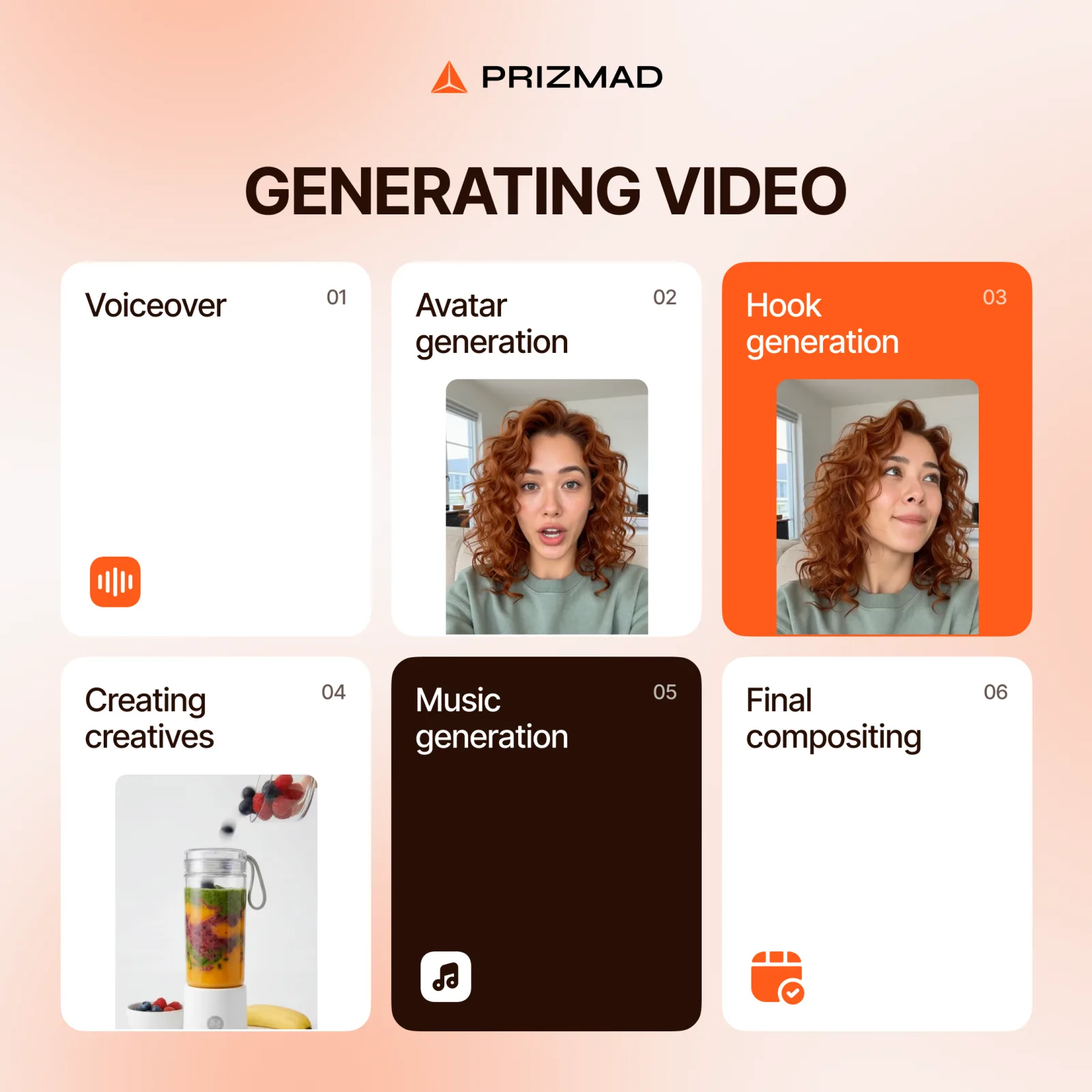 Prizmad TikTok ad generation pipeline — voiceover, avatar, hook, creatives, music, final compositing