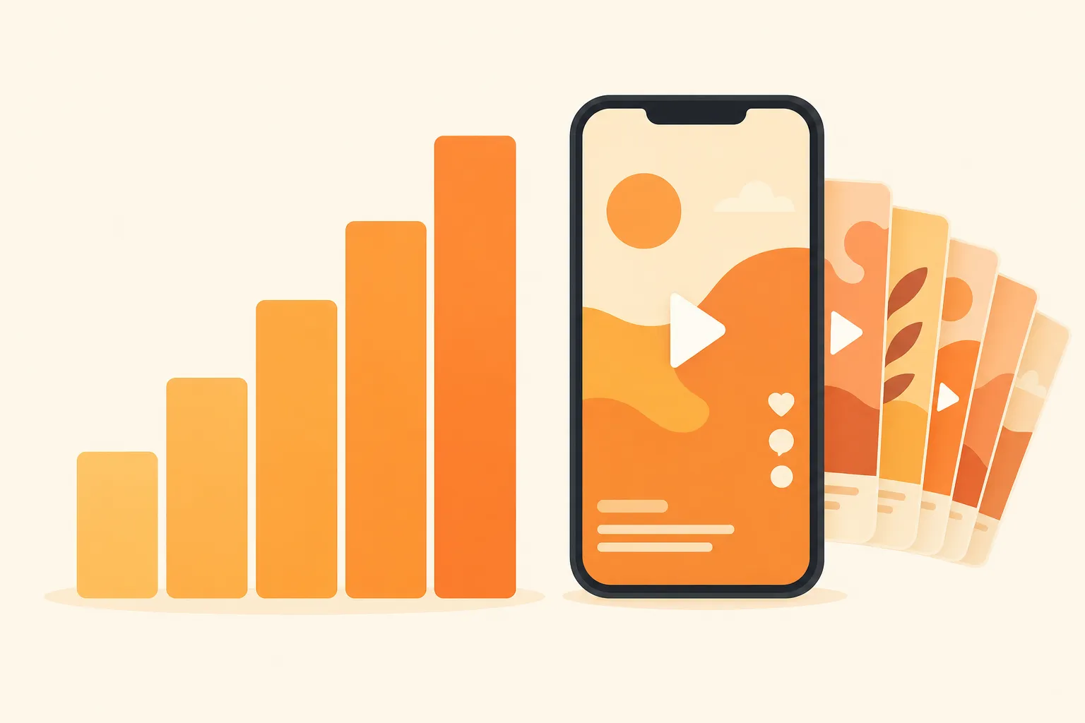 Flat illustration of ascending orange bar columns beside a vertical smartphone showing a video frame with a play button