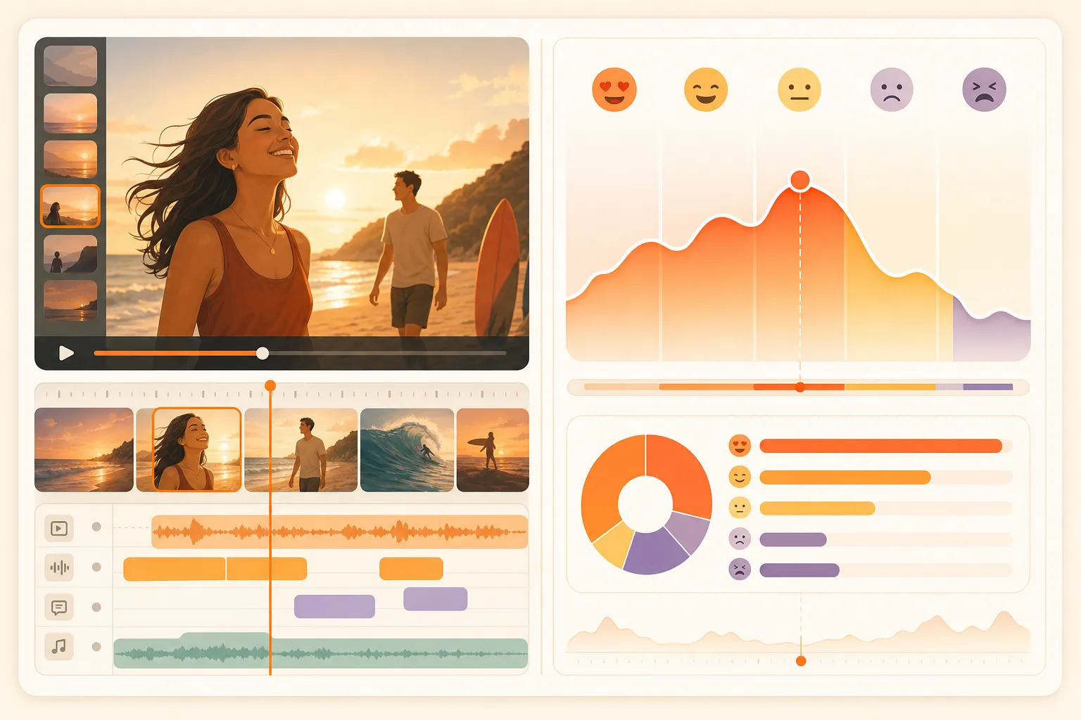 An advertising analytics dashboard with an emotional-response graph overlaid on a video frame