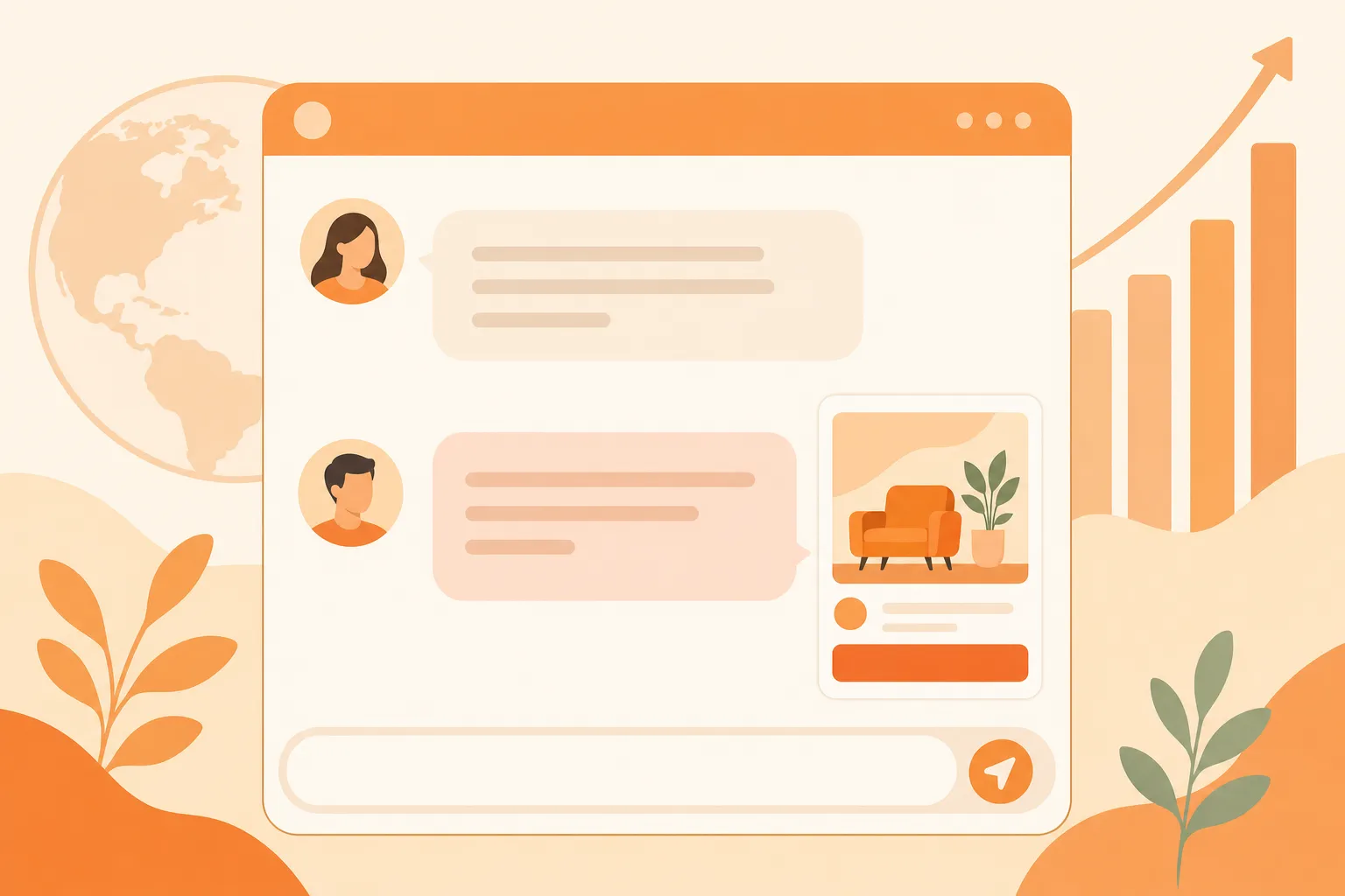 Flat illustration of a chat interface with a small ad card beside a conversation bubble, an upward trend chart and a globe behind it, warm orange and cream palette