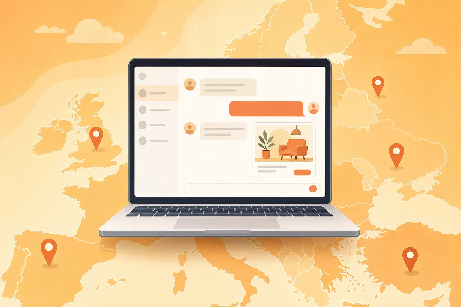 A chat window with a small ad card beside a conversation bubble, over a stylized map of Europe with location pins, in a warm orange and cream flat illustration style