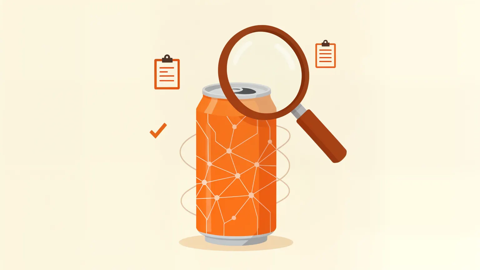 Flat illustration of a soda can under a magnifying glass, with checklist motifs around it