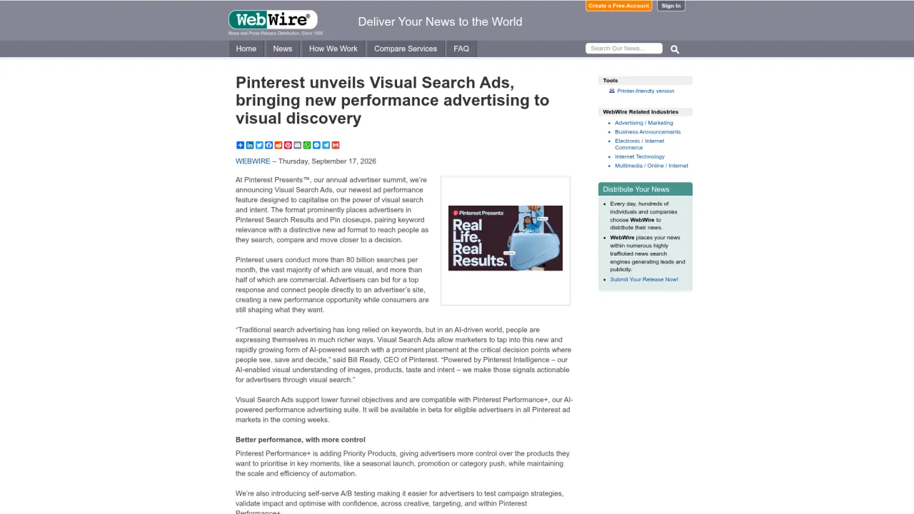Screenshot of Pinterest's Visual Search Ads press release announcing the new placement in search results and Pin closeups