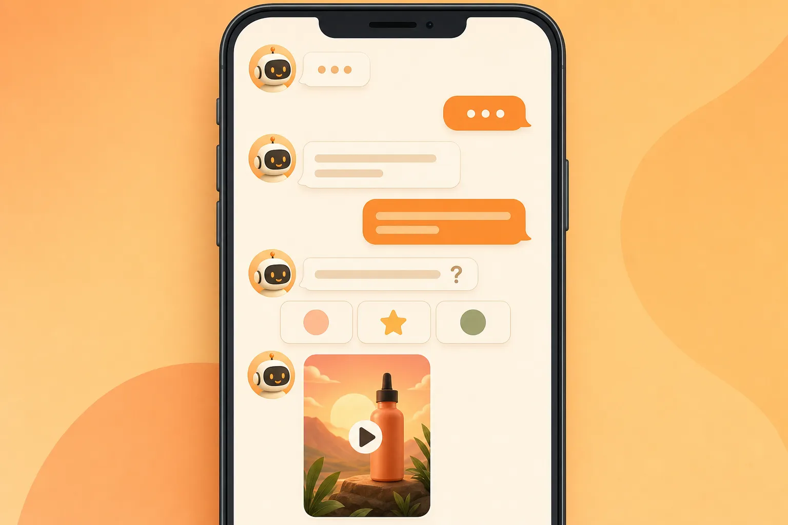 A phone screen showing a chat conversation with a video ad generator agent, with message bubbles and a small vertical video frame at the bottom, in a warm orange and cream flat illustration style