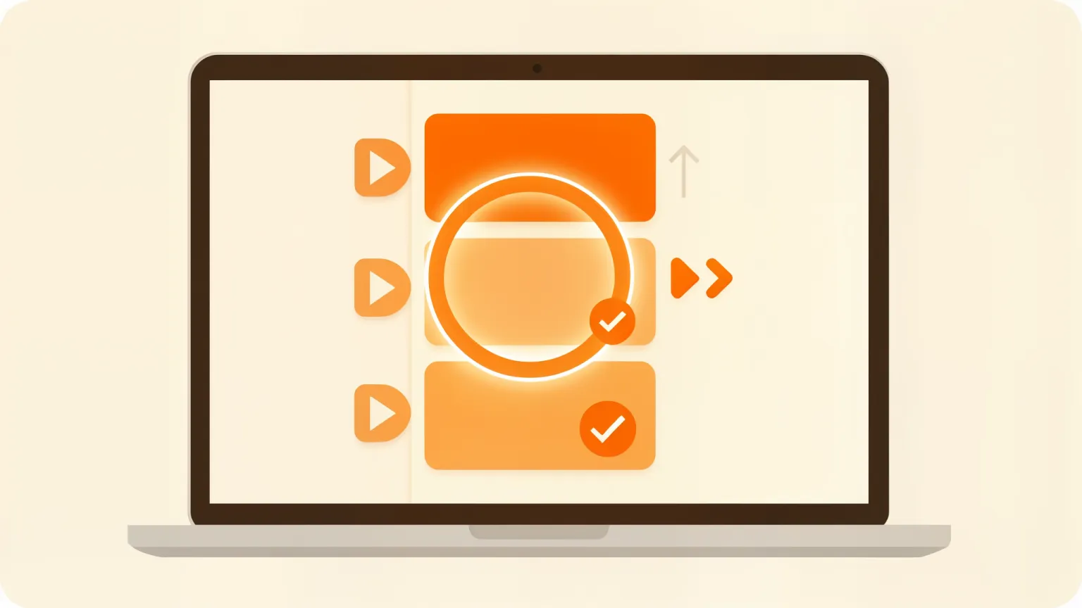Flat illustration of a laptop dashboard showing video ad cards with progress rings and checkmarks — live generation status on the Prizmad dashboard, warm orange and cream palette