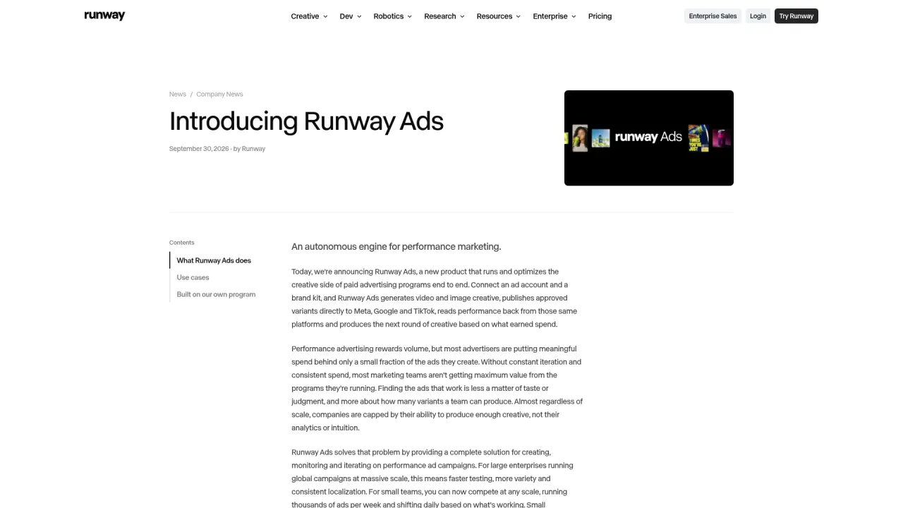 Screenshot of the Runway Ads announcement page on runway.com, dated September 30, 2026, with the headline "Introducing Runway Ads" and the subheadline "An autonomous engine for performance marketing"