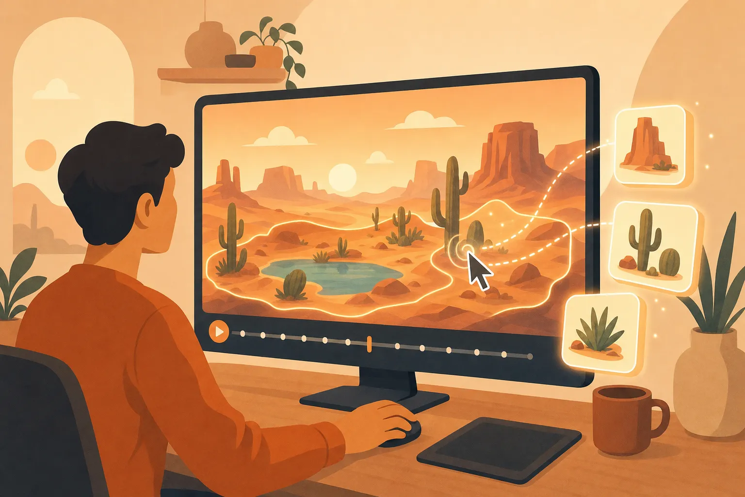 Flat illustration of a person steering a glowing desert scene with a cursor, product cards floating at the edge of the world, warm orange and cream palette