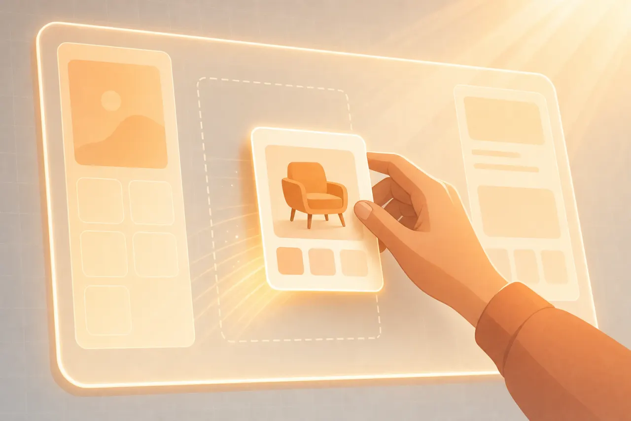 Flat illustration of a hand dragging a product card across a glowing screen, with soft orange and cream light rays and a subtle grid, warm palette