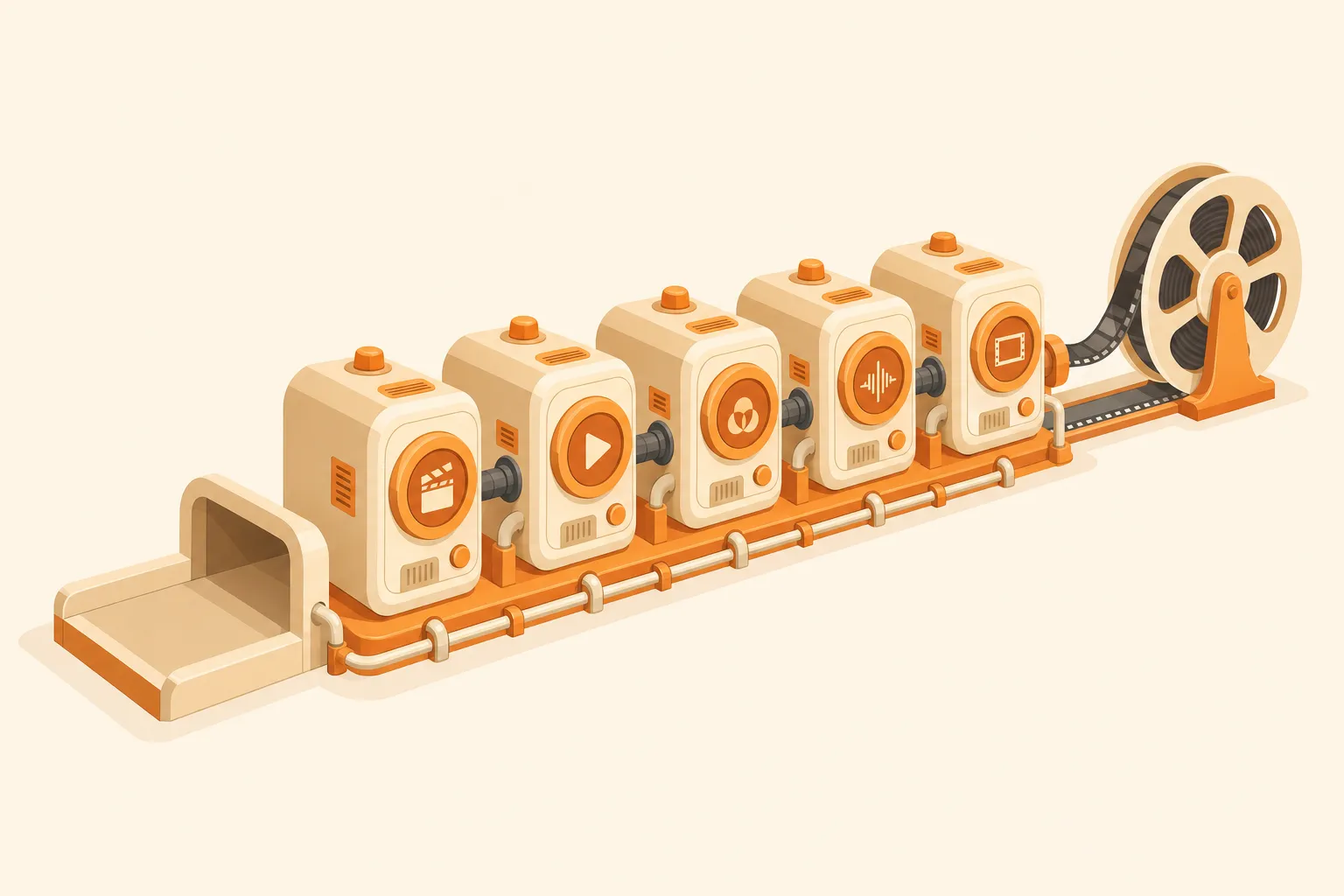 Flat illustration of a video production pipeline built from identical engine modules feeding a film reel, with one empty slot at the end