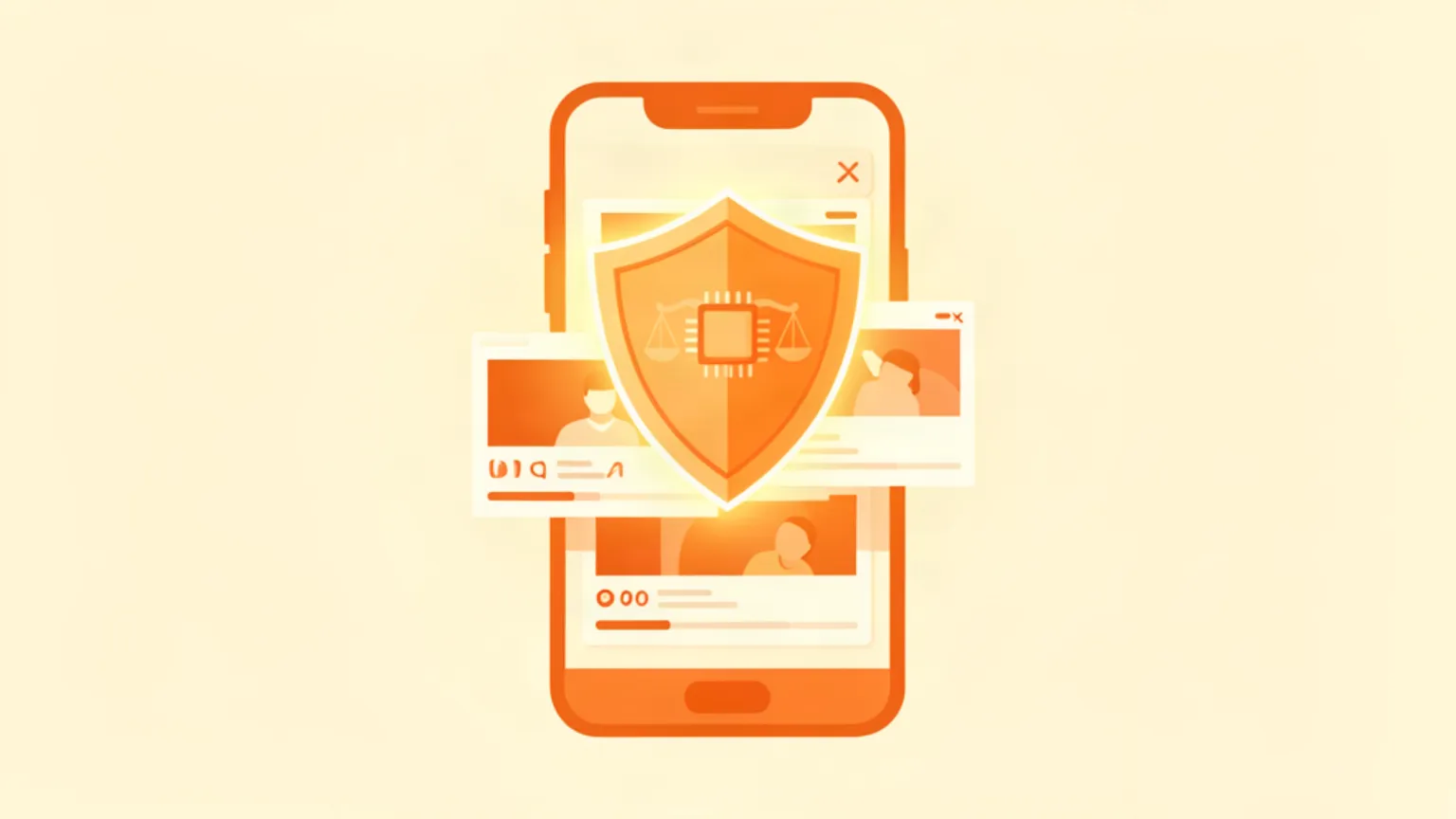 A glowing digital shield with a small chip icon over a stack of ad video frames, suggesting AI compliance and legal oversight