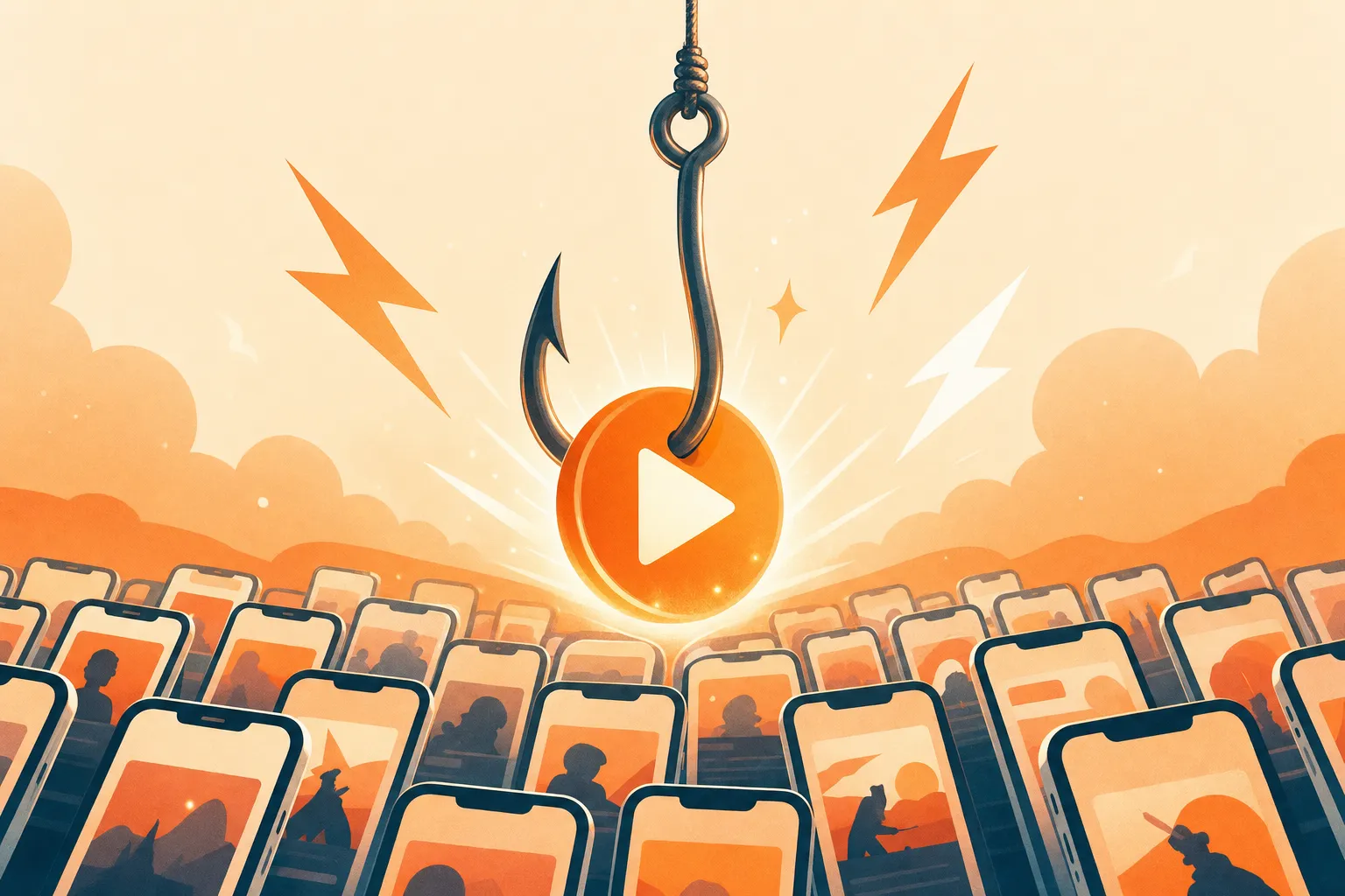 A wall of vertical video ad first frames with bold opening lines, one highlighted with a high hook rate badge