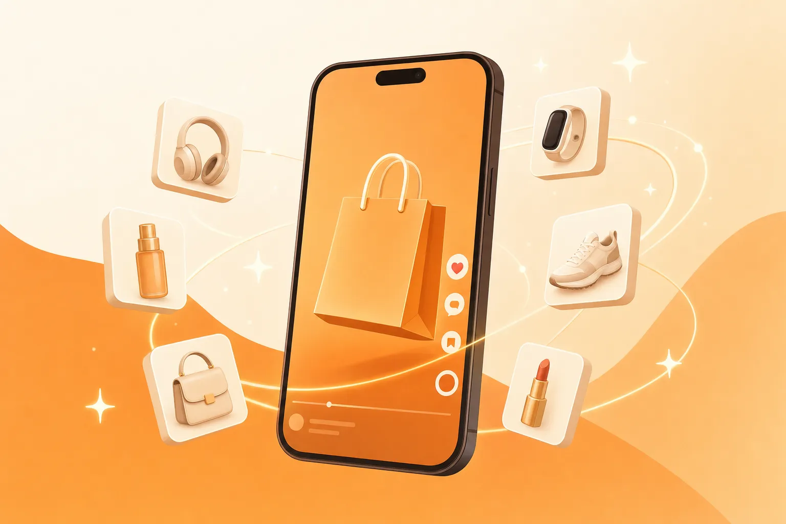 A TikTok Shop product page next to a phone playing an AI-generated shoppable video ad with an avatar presenter and an orange buy button overlay