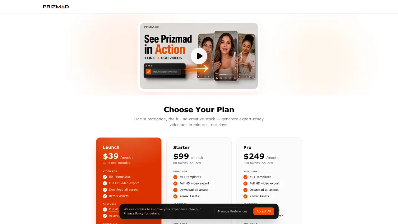 Screenshot of the Prizmad pricing page showing the Launch, Starter, and Pro plans with token allotments — the cost anchor for an app install creative pipeline