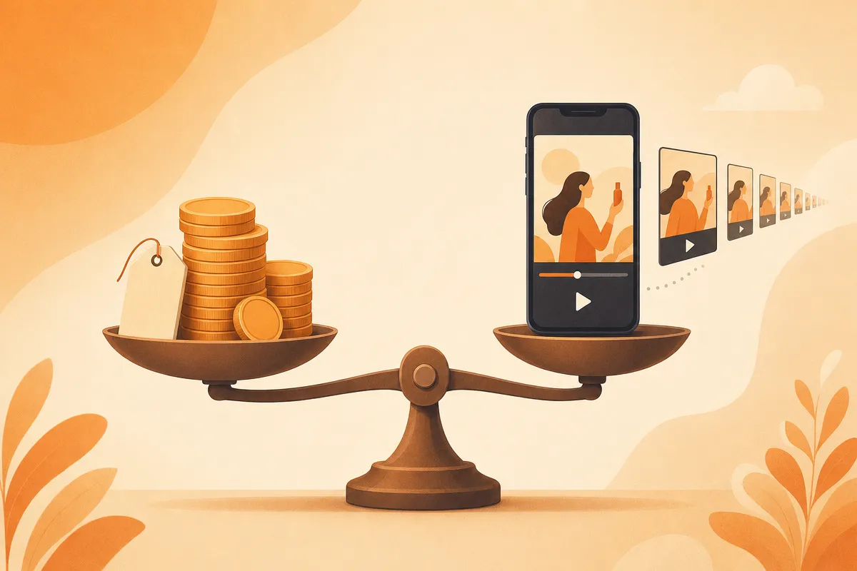A scale balancing a stack of coins and a price tag on one side against a vertical phone playing a short video ad on the other, with a receding row of identical video frames behind it
