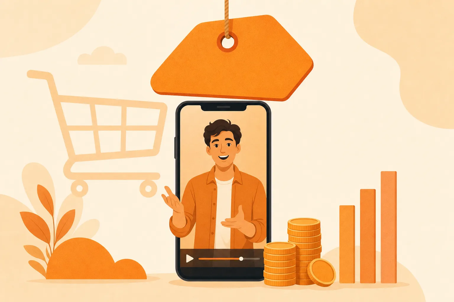 Flat illustration of a price tag beside a vertical phone showing a talking-head video ad, with coins stacked to the side
