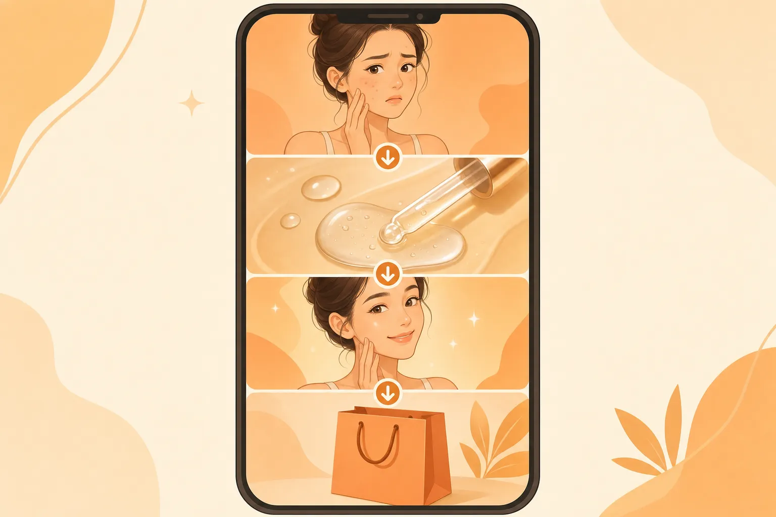 Anatomy of a beauty video ad — a vertical phone frame split into four beats: a worried woman touching her face, a serum texture close-up, a glowing skin reveal, and a shopping bag, connected by arrows