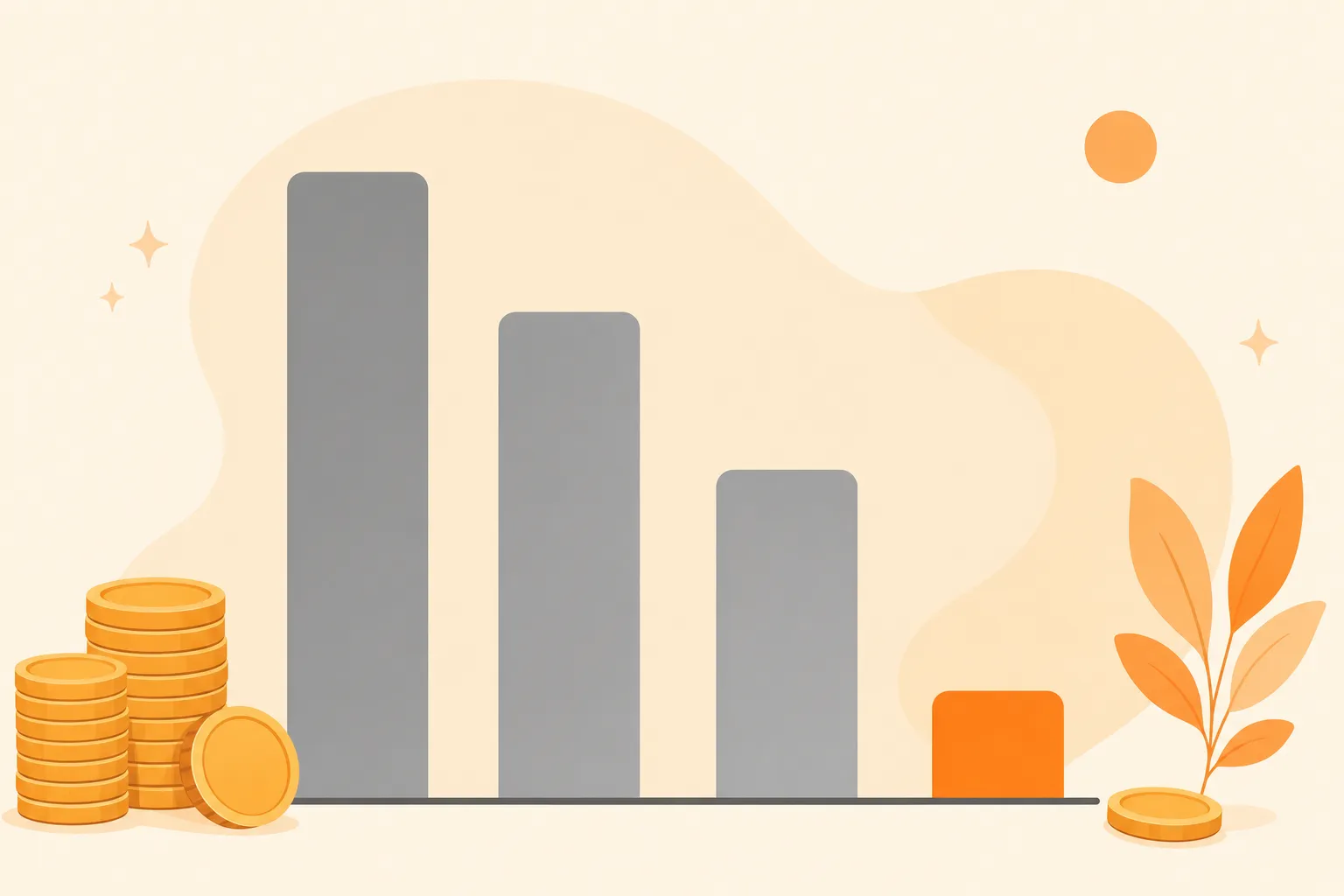 Video ad production cost comparison — three tall gray bars for studio, agency, and UGC creator, and one small orange bar for the AI pipeline, with coins on a cream background