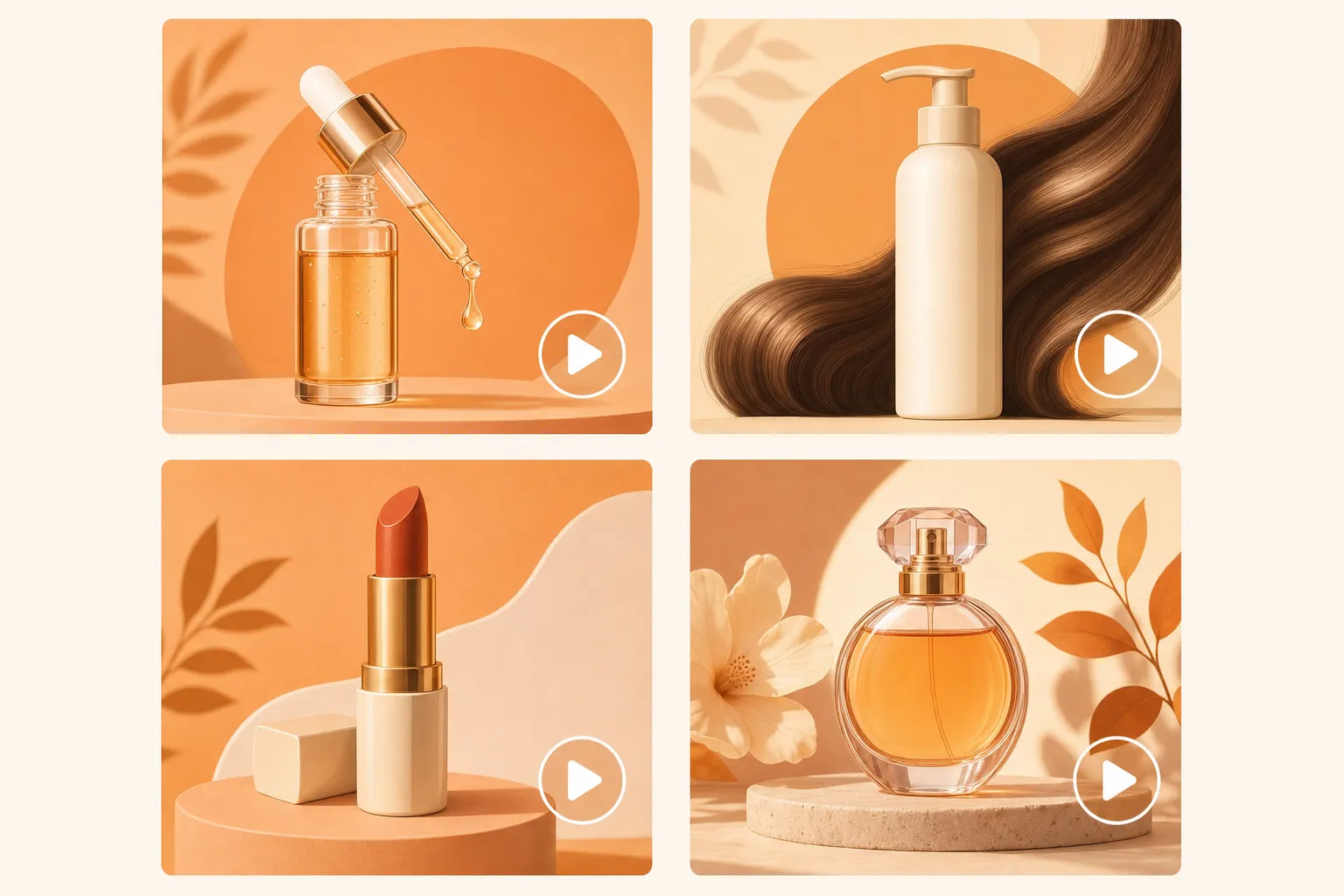 Four beauty niches shown as square video frames in a grid — a serum dropper, a shampoo bottle with hair, a lipstick, and a perfume bottle, each with a play button