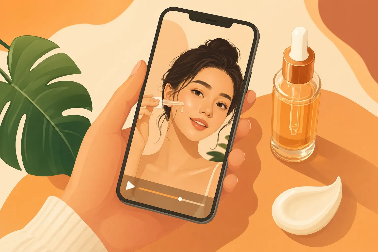 A vertical phone showing a skincare video ad with a woman applying serum, surrounded by a serum bottle, a leaf, and soft cream shapes in a warm orange and cream flat illustration style