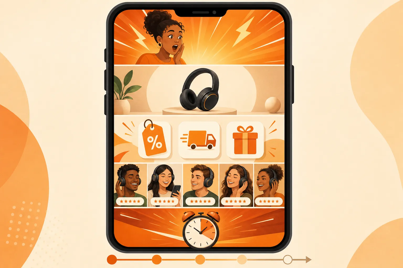 Anatomy of a Black Friday video ad — a vertical phone frame split into five beats: urgency hook, product reveal, offer stack, social proof, and countdown CTA, with a timeline arrow at the bottom