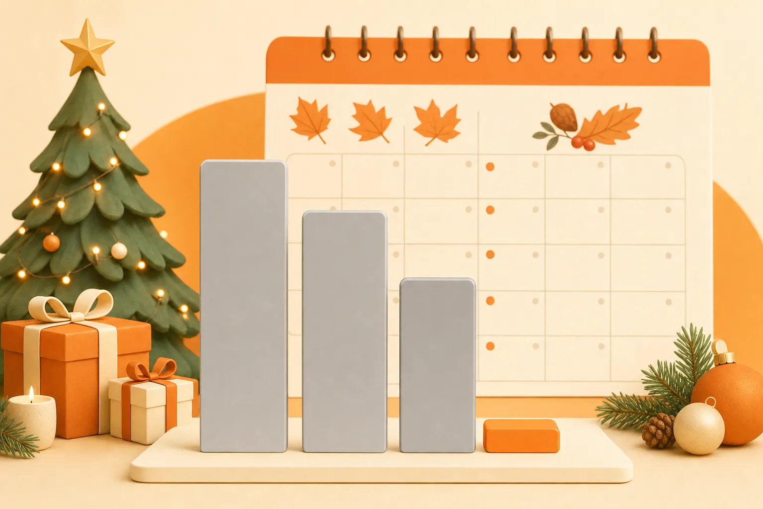 Holiday creative production cost comparison — three tall gray bars for studio, agency, and UGC creator, and one tiny orange bar for the AI pipeline, with a November calendar in the background