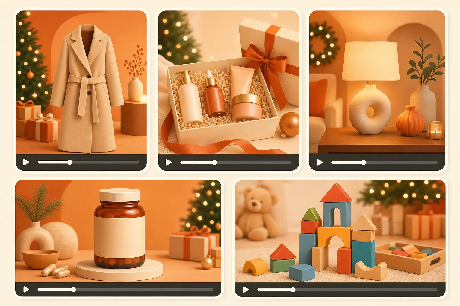 Five ecommerce niches for holiday ads shown as video frames: fashion coat, beauty gift box, home decor lamp, supplement jar, and toy building blocks, each in a rounded rectangle