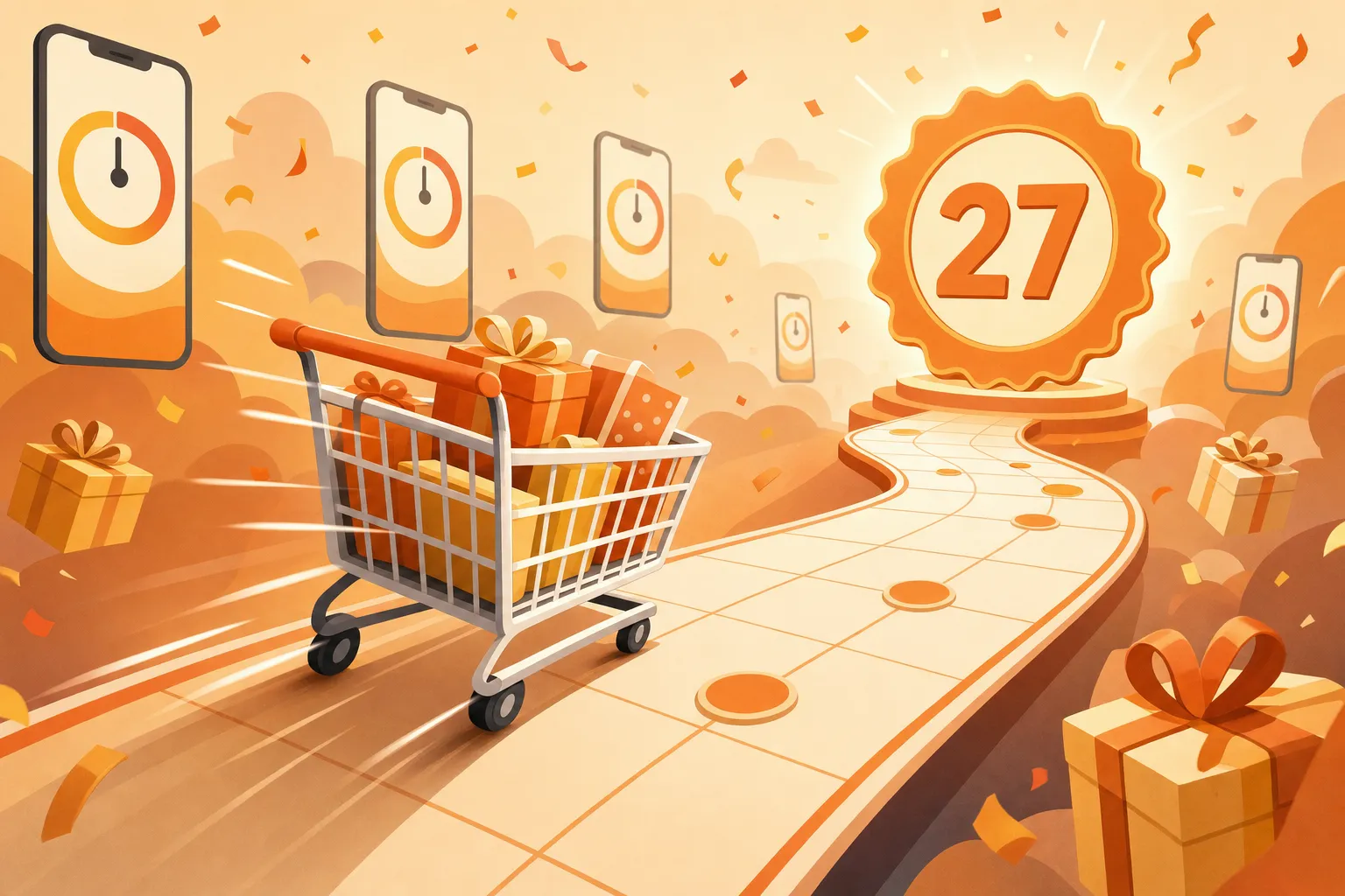 A shopping cart racing along a calendar path toward a badge marked 27, surrounded by floating phone screens with countdown timers and gift boxes, warm cream flat illustration style