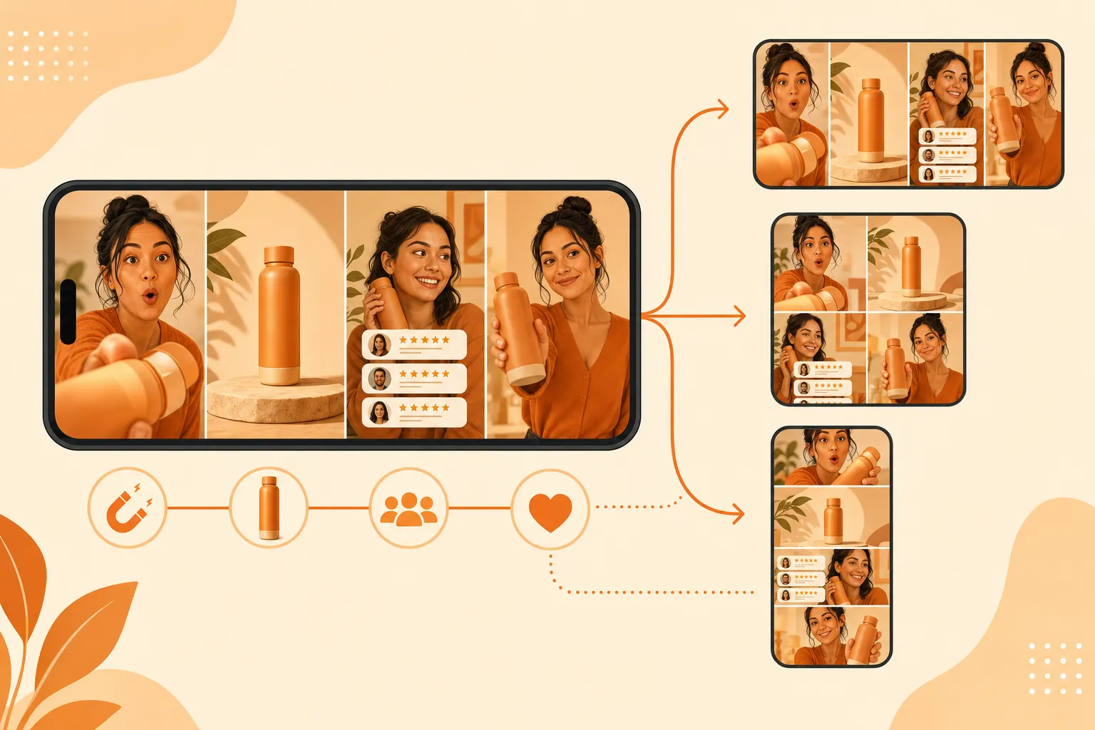 Anatomy of a Performance Max video ad — a wide phone frame split into four beats: hook, product reveal, social proof, and CTA, with arrows showing how the same video adapts into horizontal, square, and vertical crops