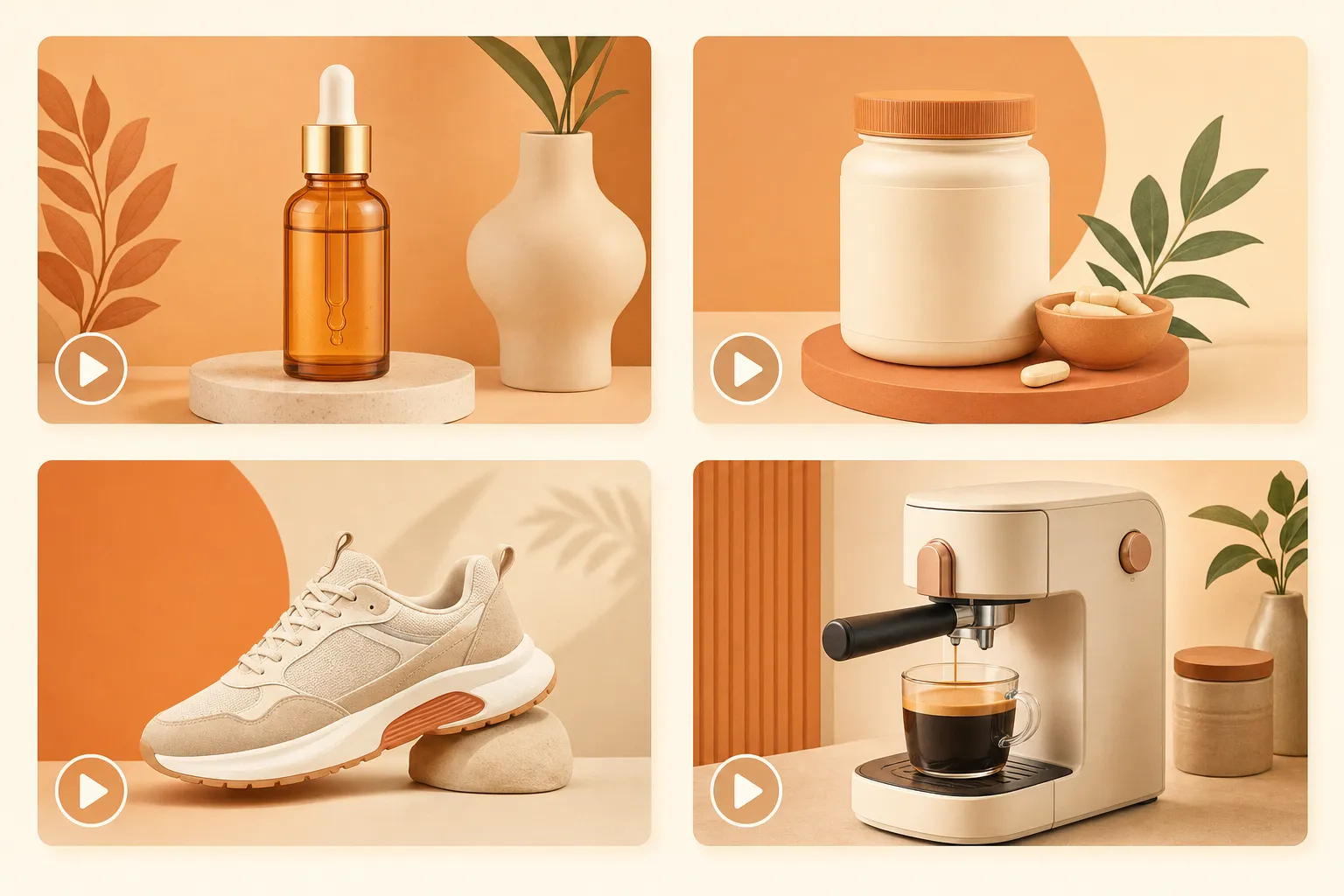 Four ecommerce niches shown as video frames — skincare serum, supplement jar, fashion sneaker, and home coffee machine — each in a rounded rectangle with a play button, warm cream flat illustration style