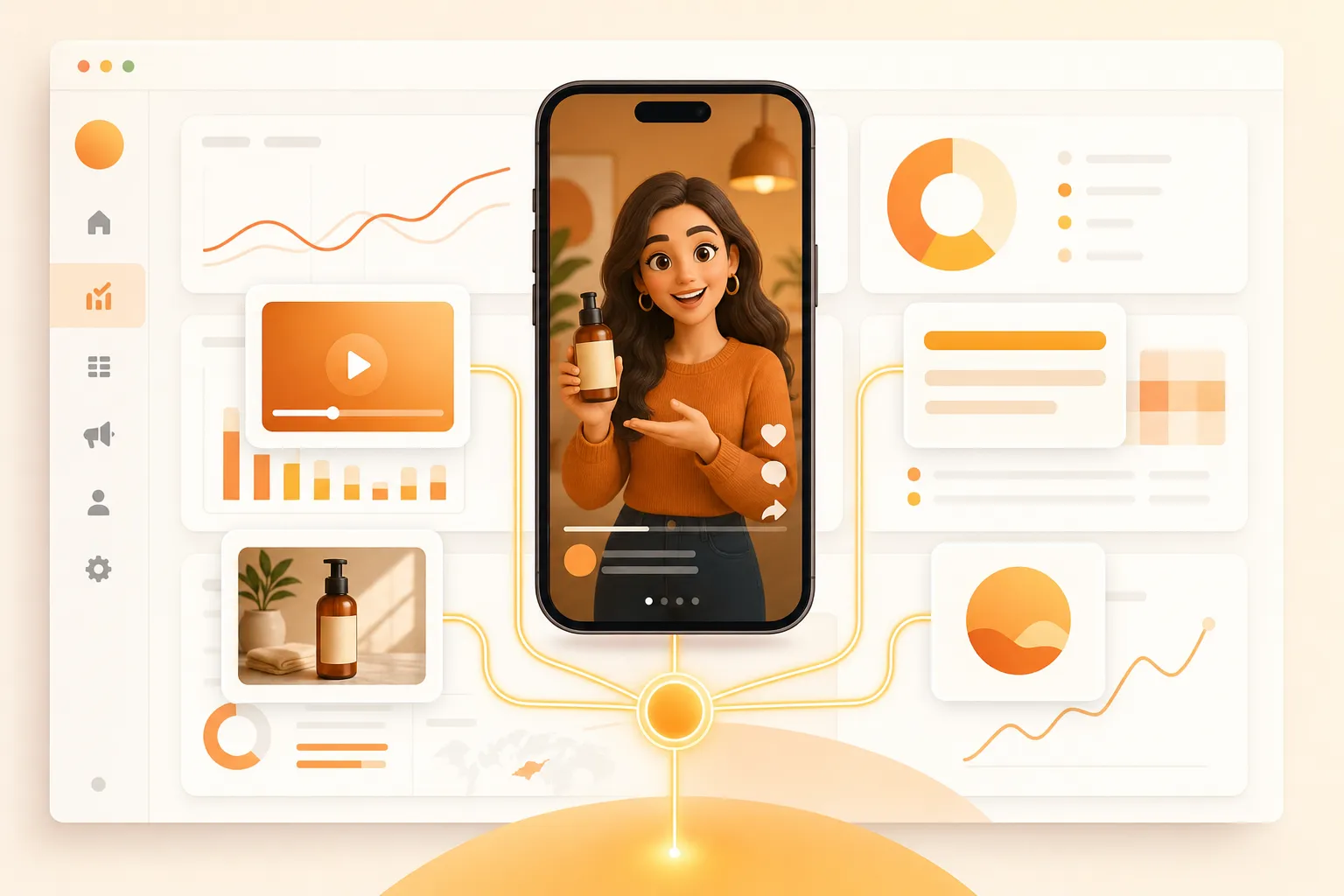 A Google Ads-style dashboard with a central phone showing a vertical avatar video ad, surrounded by floating asset tiles for video, image, headline and logo in a warm cream flat illustration style