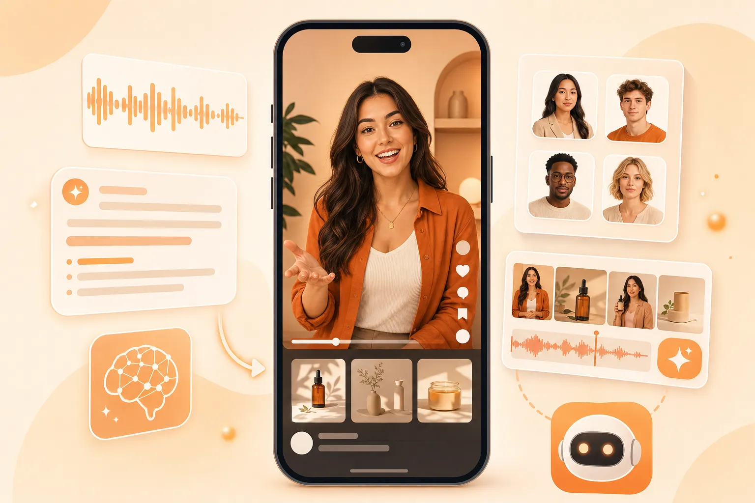 An AI avatar delivering a talking-to-camera UGC-style ad on a phone screen, surrounded by script, hook, and analytics panels