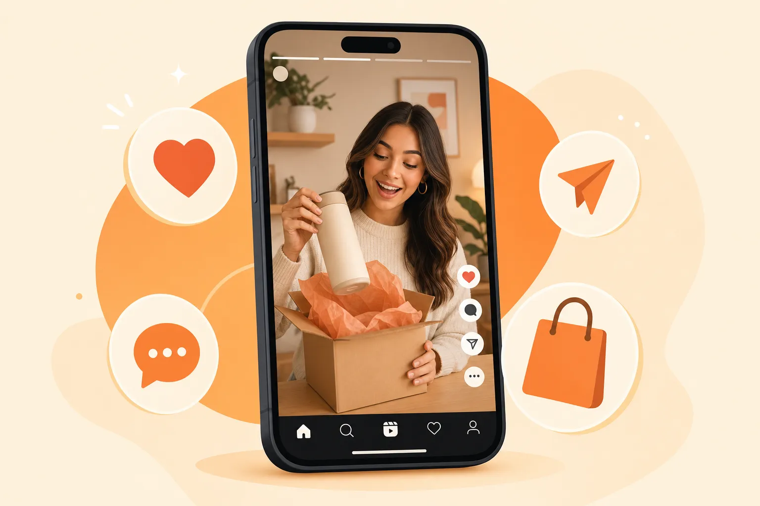 A vertical smartphone showing an Instagram-style Reels video with a creator unboxing a product, floating like, comment and share icons and a shopping bag around it, in a warm orange and cream flat illustration style