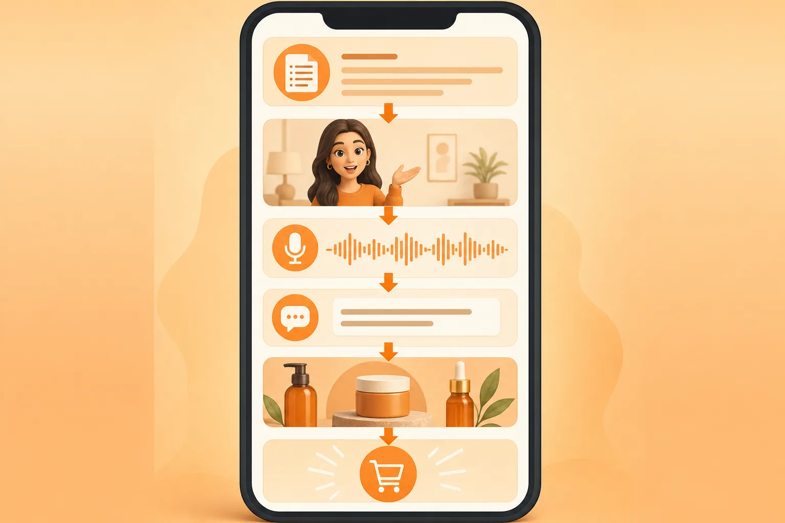 A vertical smartphone showing the layers of a localized video ad — script lines, a speaking avatar, a voiceover waveform, captions, product close-ups and a checkout icon — connected by orange arrows