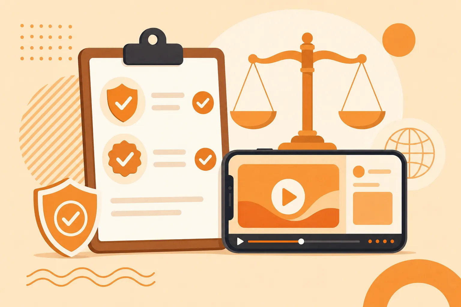 A checklist on a clipboard next to a video ad on a phone, with a shield and a badge icon being checked and scales of justice in the background