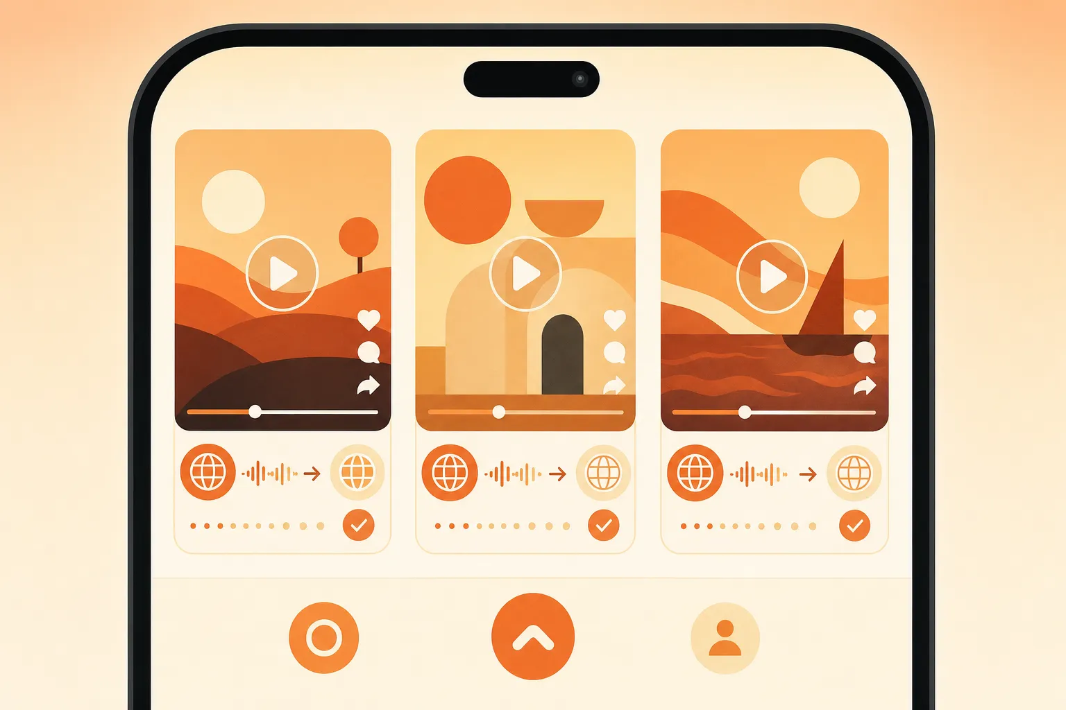 Three social media app icons on a phone screen, each showing a video with a translation badge and sound waves being dubbed into another language
