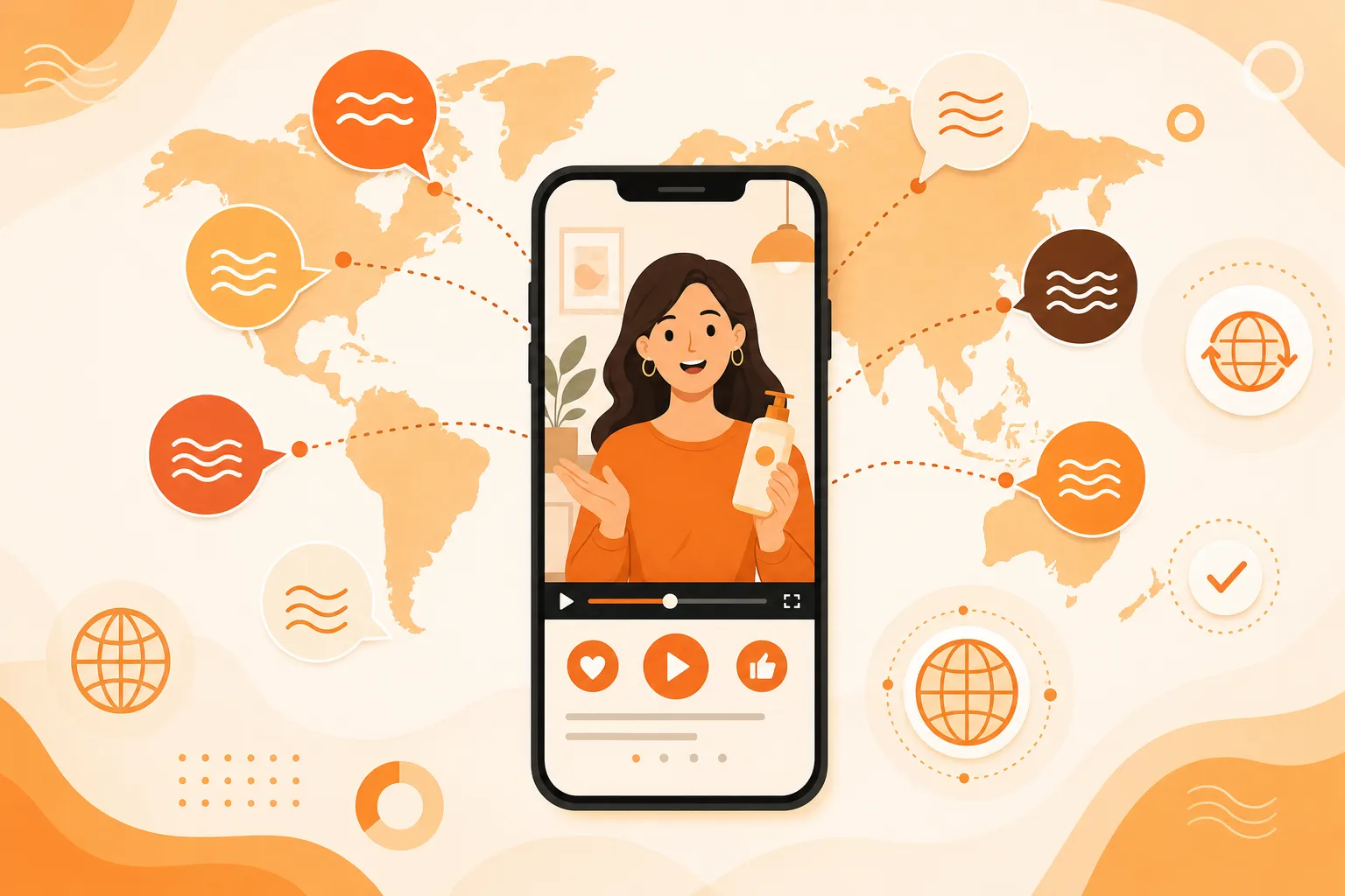 A world map with speech bubbles in different languages connecting to a smartphone showing a video ad with a friendly presenter, floating translation and globe icons around it, in a warm orange and cream flat illustration style