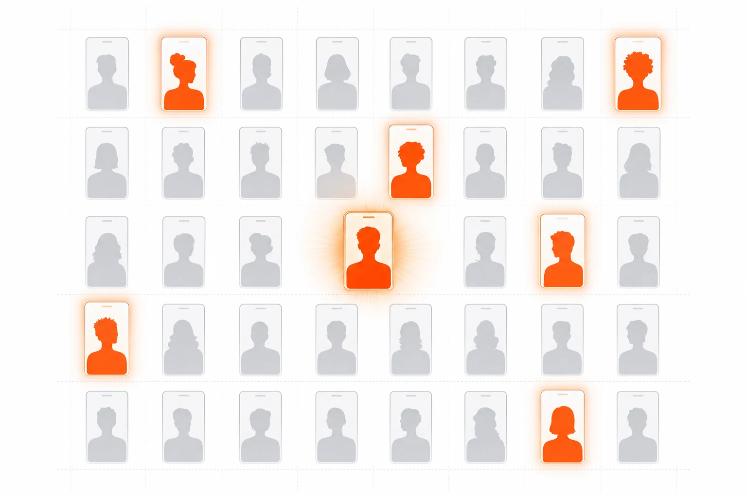 กำแพง Meta Ads creative testing — วิดีโอโฆษณา 30 variations จัดเรียงเป็น grid พร้อมไฮไลต์สีส้มสำหรับตัวที่เป็น winners